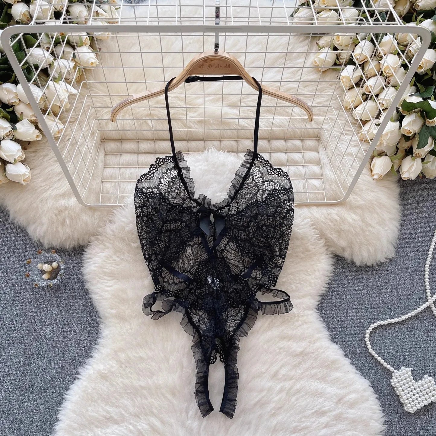 NEW Arrivals White/Black See-Through Lace Playsuit Halter Ruffle Hollow Bodysuit For Women Cloth Skinny Sexy Erotic Lingerie One Piece Backless Jumpsuit