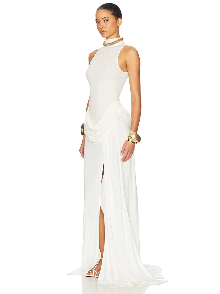 White Black Color UK Size Turtleneck Off-Shoulder Sleeveless Thigh Split High Waist Pleated Maxi Dress For Women Elegant Fashion Club Party Dress
