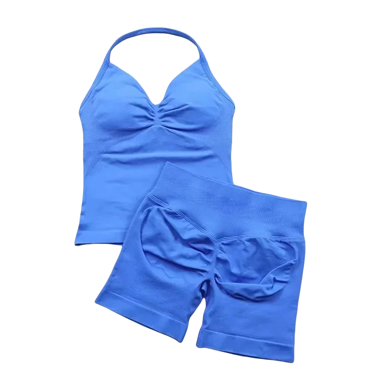 NEW Arrivals 2PCS Set 10 Colors Girls Yoga Gym Set Women's Strap Vest & Shorts Resistance Training Seamless Halter Tank Top Scrunch Butt Lifting Gym Shorts Set