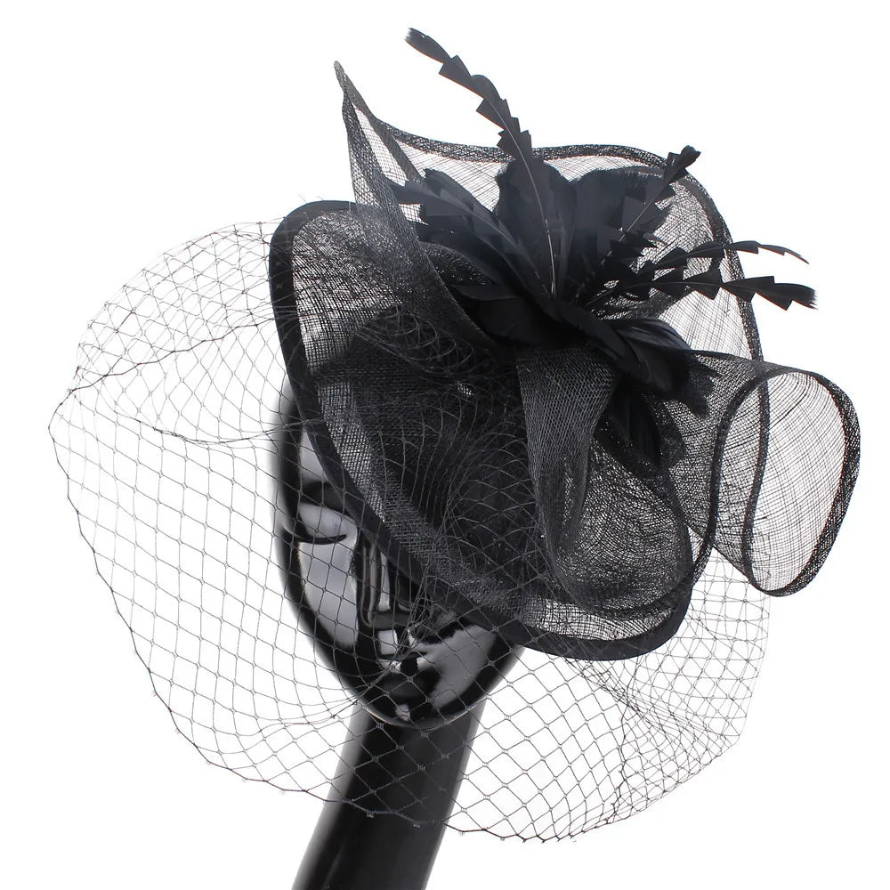 NEW Luxury Women Female Black Fascinator Hat with Veil Funeral, Cocktail Tea Party Sunday Church Feather Headwear Racing Formal Hats Girls Ladies Luxury Fashion Apparel Accessories Clothing Supplies