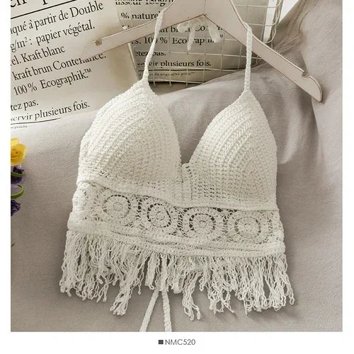 NEW Arrivals Handmade Sexy Crop Tops Retro Wild Hollow Perspective Tassel Sexy Spaghetti Strap Tanks Top Women Built In Bra New Back Lace Halter Neck Ladies Girls Summer Beach Party Tops