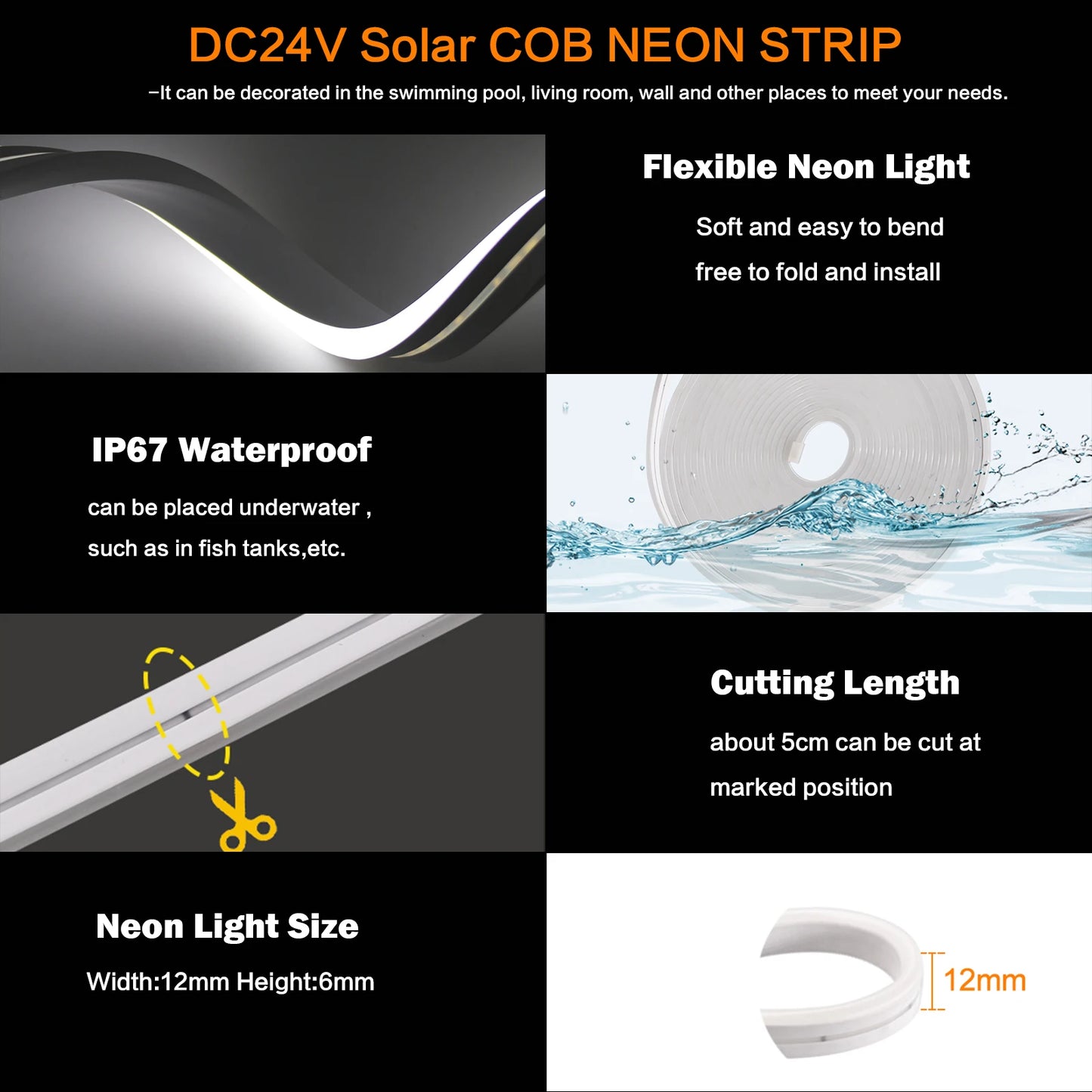 NEW 10M DC24V Solar LED Neon Strip Light Waterproof Warm White Blue Red Pink 6x12mm 2835 120LEDs/m Flexible Neon Rope Light Garden Decor
