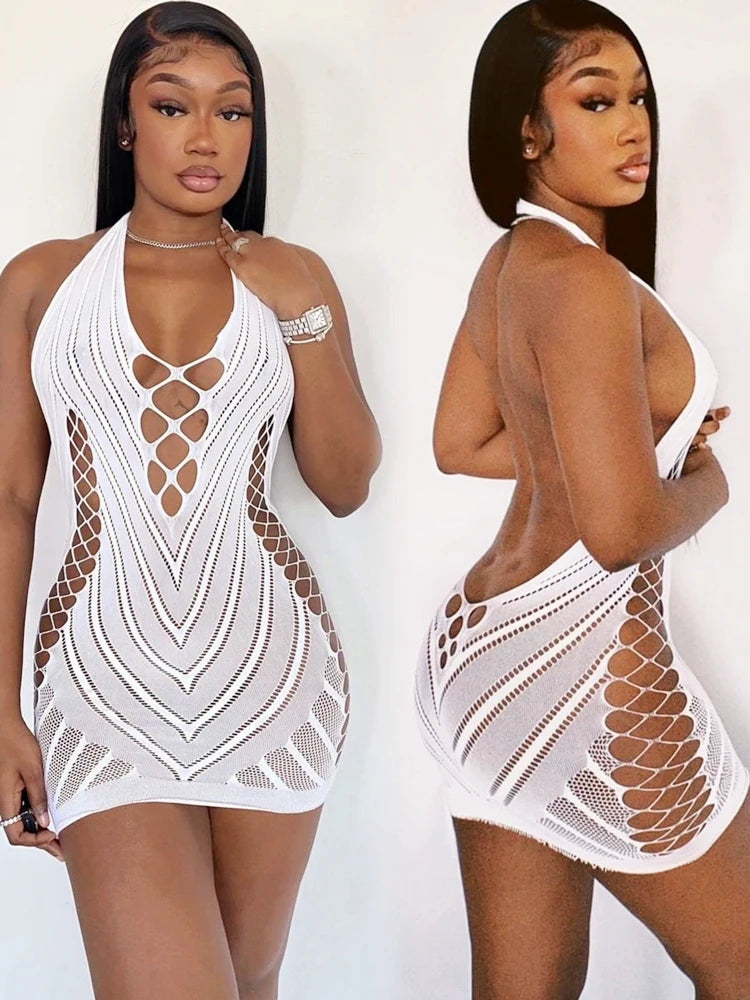 NEW S-2XL UK Size 7 Colors Transparent Lace Sexy Hot Short Dress Backless Hollow Halter Nightgown Sexy Women's Nightwear Nightdress Party Club Mini Dresses