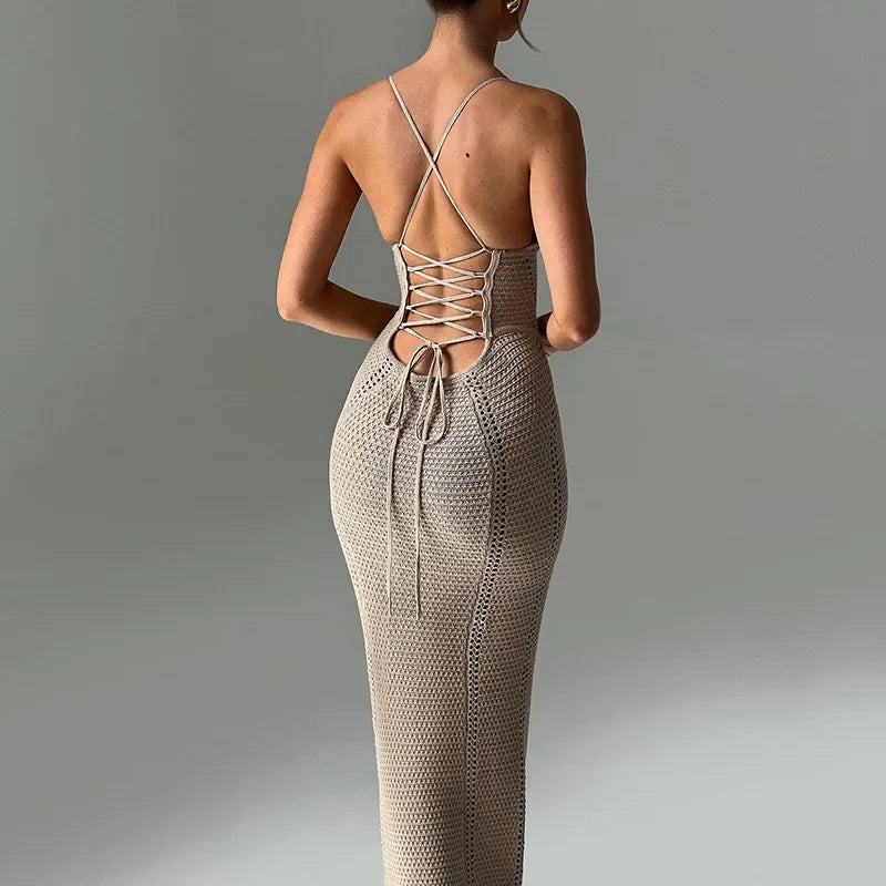 NEW Arrivals Black/White/Khaki Color Spring Summer New Women's Clothing Sexy Elegant Tank Long Dress Hollow Out System Backless Knit Dress Fashionable Open-Back Design Evening Beach Party Night Clubwear