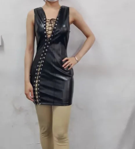 NEW Arrivals Sexy Women Leather Dresses Summer Fashion Night Club Out Party Sleeveless Plunge PU Leather Lace-Up Mini Bodycon Dress Streetwear