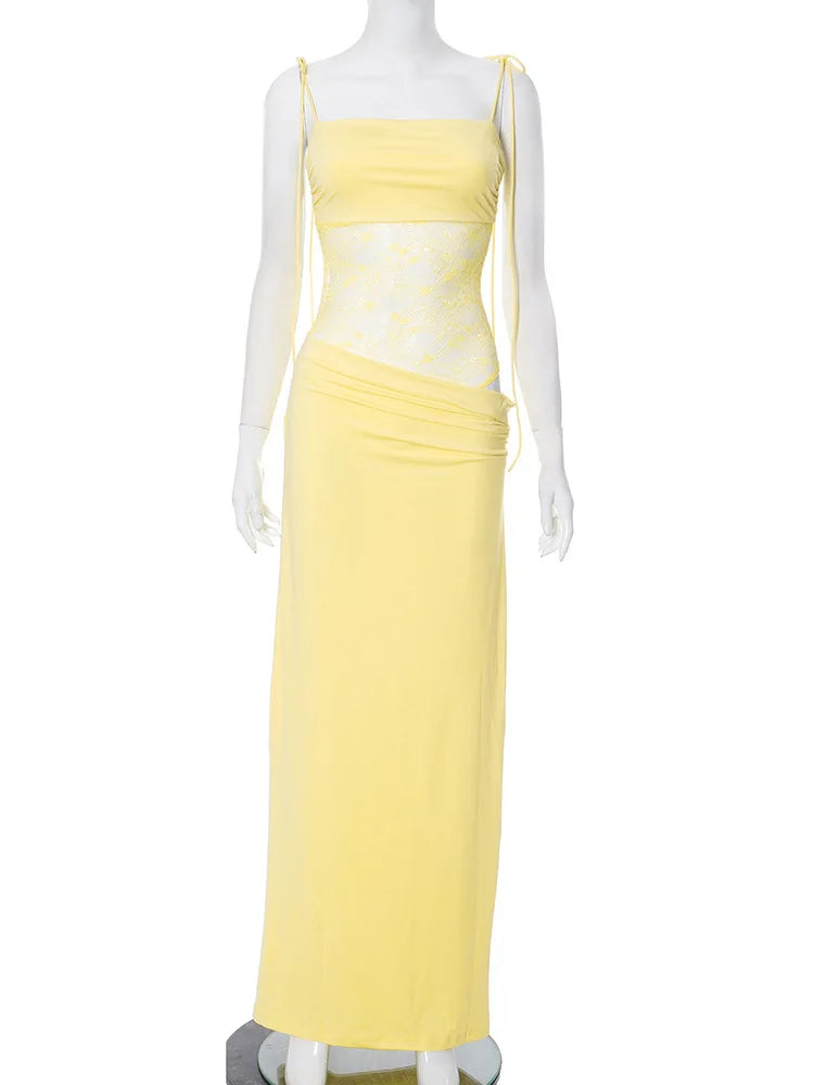 NEW Arrivals 4 Colors Elegant Lace Cut Out Maxi Dresses for Women Sexy Spaghetti Strap Patchwork Holidays Party Dress Summer Backless Long Dress