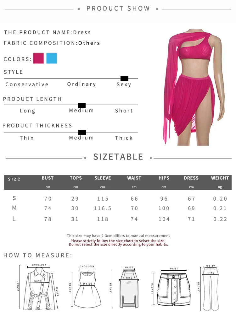 NEW 2PCS Set Blue/Rose Red Color Y2K Sexy Women See Through Midnight Irregular Full Sleeve Crop Tops+ Ruched Split Skirts Matching Clubwear Suit