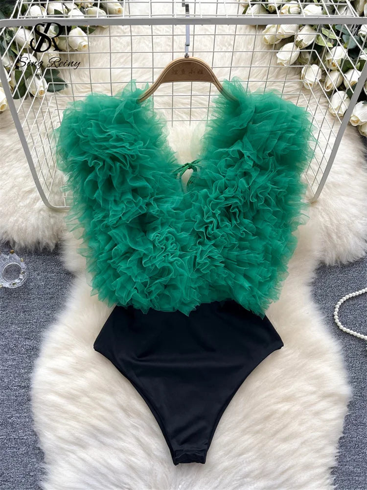 UK Size 5 Colors Sexy 3D Flowers Spliced Sheath Bodysuits Club Lace Up V Neck Playsuits Fashion Streetwear Backless Sensual Rompers