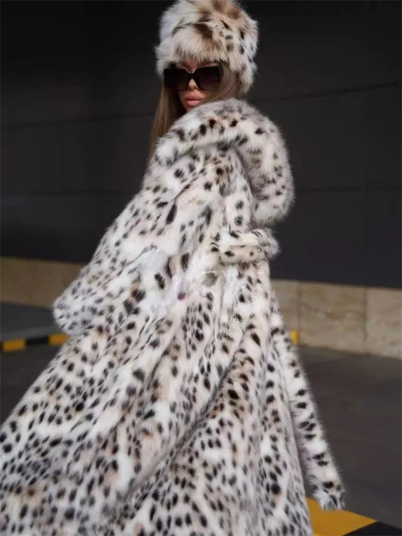 NEW Arrivals UK S-2XL Size 2 Colors Winter Warm Loose Plush Windbreaker With Hat Women Faux Fox Fur Black White Dot Leopard Coat Ladies Thick Long Overcoat