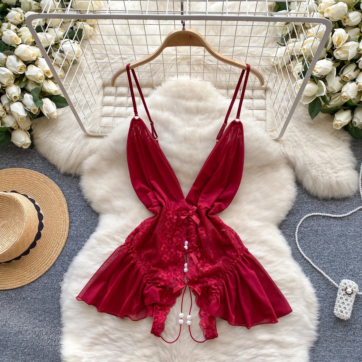 NEW Arrivals Black/Red Beaded Lace Strappy Rompers Jumpsuit Lingerie One Piece Combination Catsuits Skinny Sexy Bodysuits V-Neck Women Solid Clothes