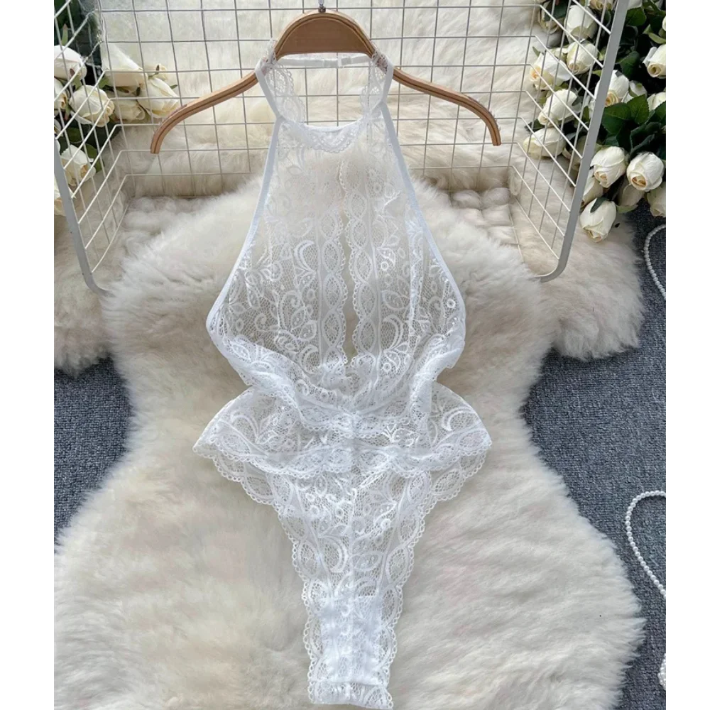 NEW Arrivals White/Black See-Through Ruffle Lace Jumpsuit One-Piece Halter Playsuit Skinny Sexy Costume Open Lingerie Erotic New In Clothes Solid
