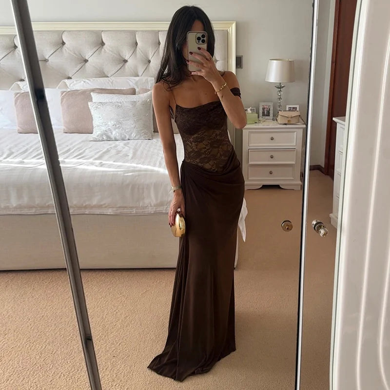 NEW Brown/Burgundy/Black Color UK Size One Shoulder Lace See Through Sexy Maxi Dress Women Gown Fashion Off-shoulder Sleeveless Backless Evening Party Club Long Dresses