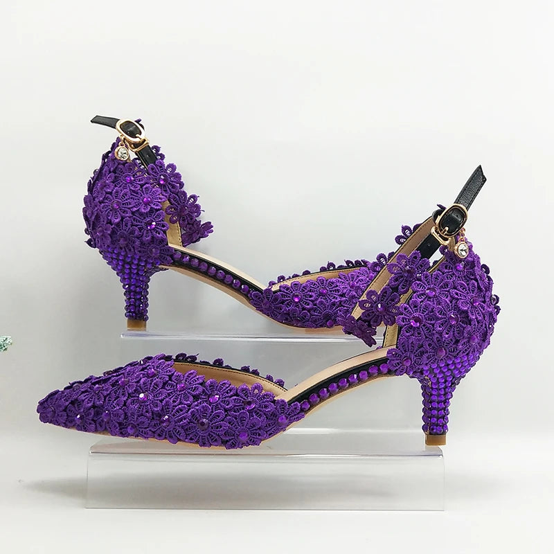 NEW Arrivals Italian Design Purple Lace Flower Luxury Wedding Shoes And Bag Set Crystal Heels Pointed Toe Ankle Strap Evening Party Shoes with Matching Bags Lace-Up Girls Ladies Luxury Fashion Apparel Accessories Clothing Pro