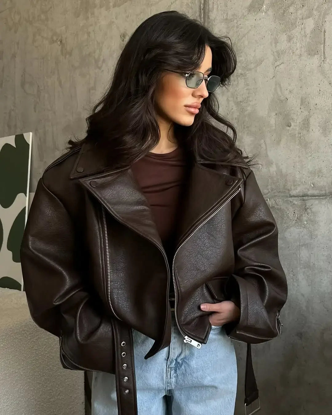 UK Size Casual Dark Red/Burgundy Color Zipper Leather Short Jackets Women Long Sleeve Lace Up Lapel Loose Button Coat Lady Daily High Street Wear