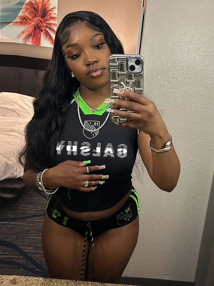 NEW 2PCS Set Black/Pink Color Women Hottie Sexy Summer Casual Tracksuits Short Sleeve O-Neck Tees +Drawstring Shorts Mujer Sporty Streetwear