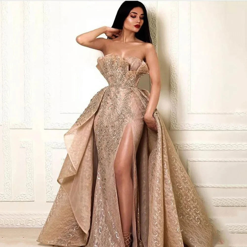 NEW Arrivals S-3XL Plus Size Women's Clothing Luxury Gold Dress Sexy Strapless Long Dress Elegant Evening European American Foreign Trade Evening Formal Wedding Guest Maxi Dress