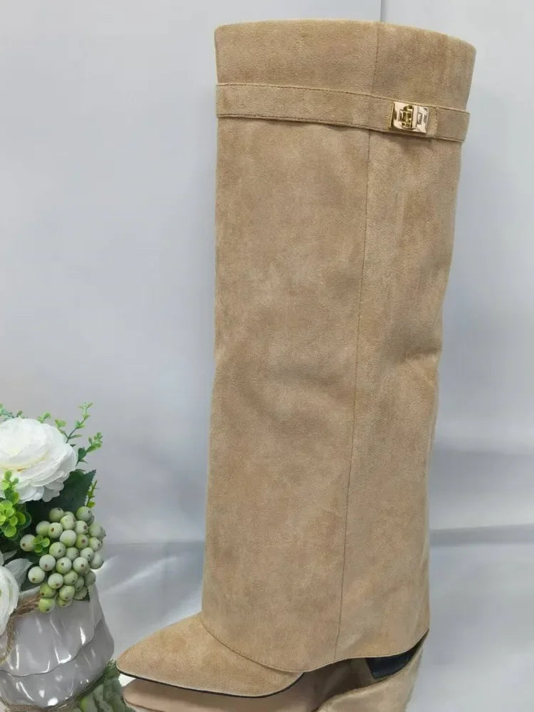 NEW Arrivals UK Big Size 6 Colors Autumn and Winter New Pointed Metal Buckle Knee High Women's Boots, Thick High-Heeled Pants Boots, Fashionable Mid Leg Boots