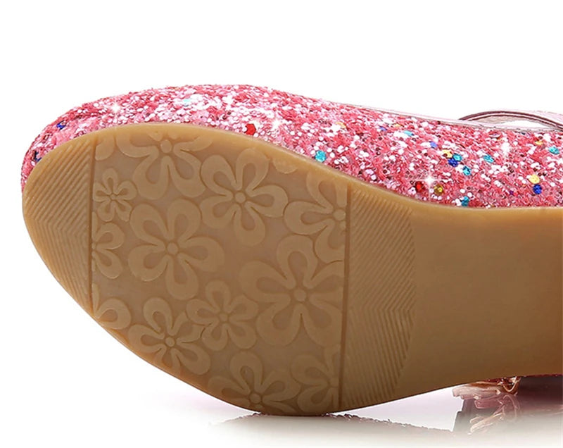 NEW Luxury Girls Wedding Birthday Party Princess Butterfly Leather Shoes Diamond Bowknot High Heel Children Girl Dance Glitter Shoes Fashion Girls Party Dance Shoe Children Footwear Fashion Apparel Accessories Supplies