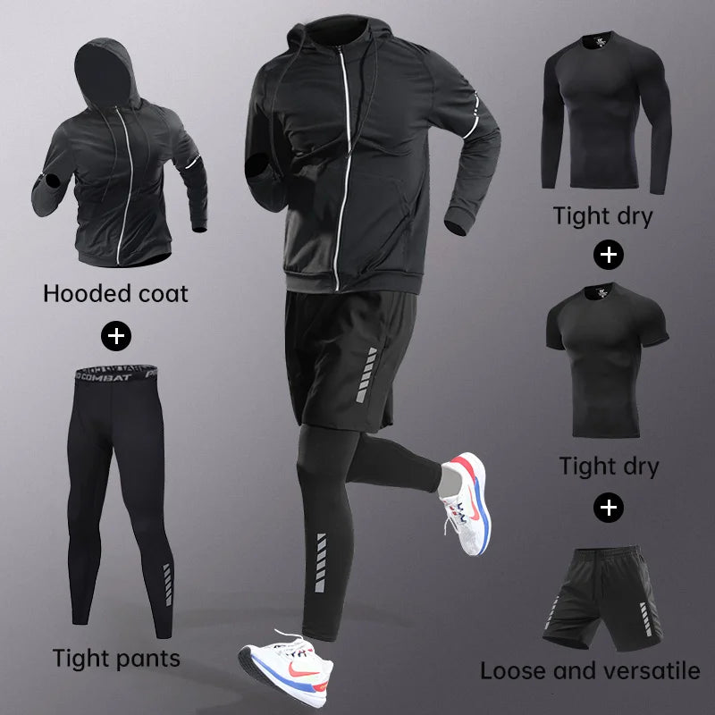 NEW Arrivals 5PCS Set S(50-60Kg-3XL(100+Kg) Plus Size Running Fitness Clothes for Men Spring Autumn Winter Morning Running Speed Dry Cycling Sports Set