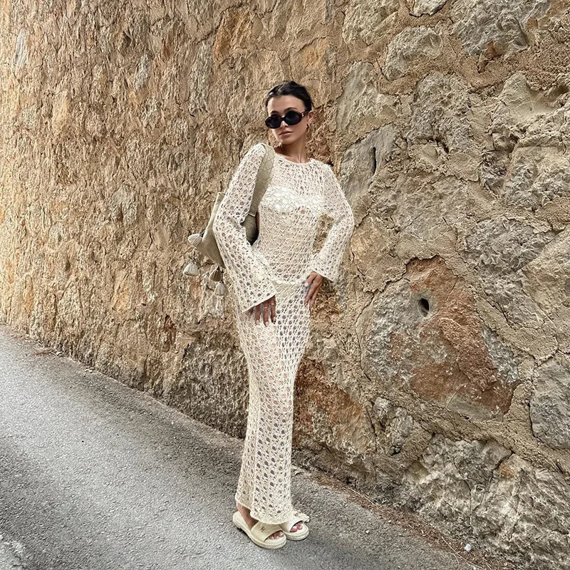 NEW Arrivals 3 Colors Crochet Maxi Dress Women Sexy Long Sleeve Hollow Out Backless Bikini Cover Ups for Swimwear Summer Holiday Bathing Suits