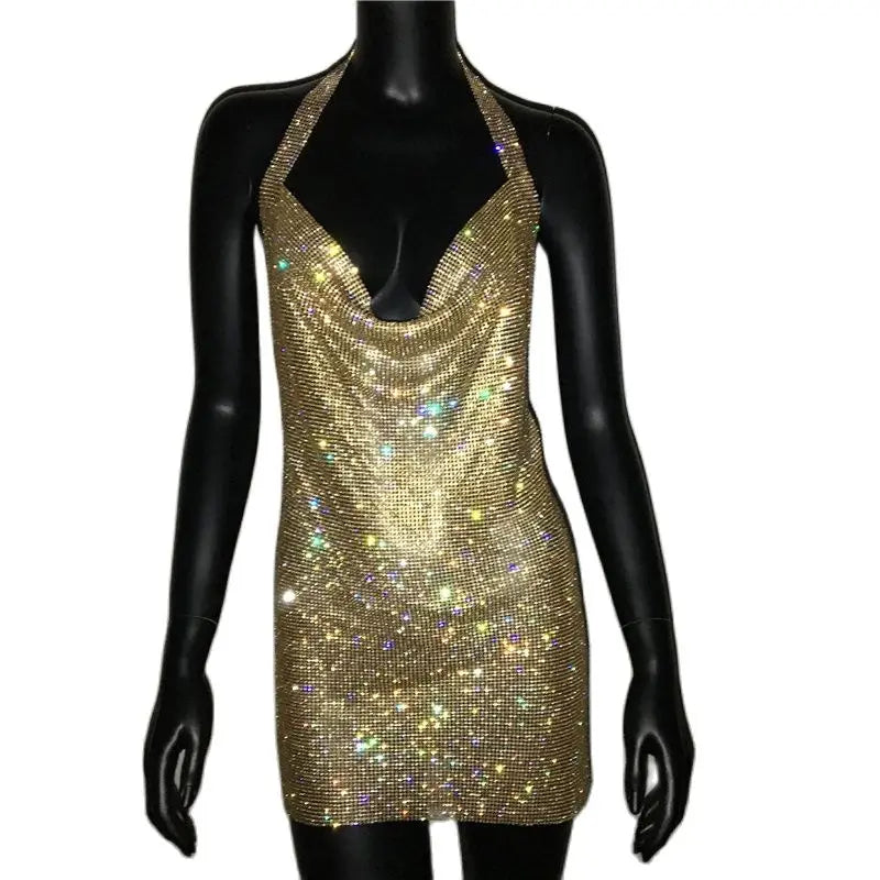 NEW Arrivals 7 Colors Luxury Crystal Rhinestone Sequins Mini Dress NEW Women Halter Backless Slit Metal Mesh Cocktail Evening Party Summer Beach Bar Night Clubwear Dresses