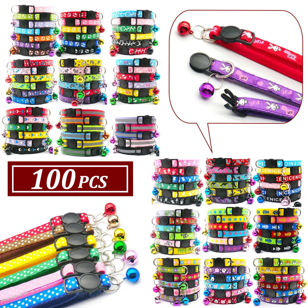 NEW 100PCS Set Dog Collar With Bells Adjustable Customize Necklace Puppy Kitten Collar Accessories Pet Shop Products Rabbit Cats Neck Strap Collar Pets Safety Supplies