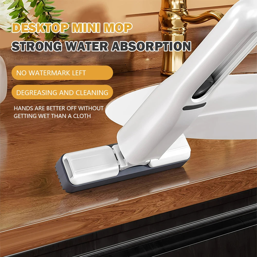 NEW Arrivals 2PCS + 3 Replacement Head Set Mini Mop Self Squeeze Mop Powerful Folding Household Clean Tools No Hand Wash Strong Absorbent Mop for Bathroom Kitchen Desktop