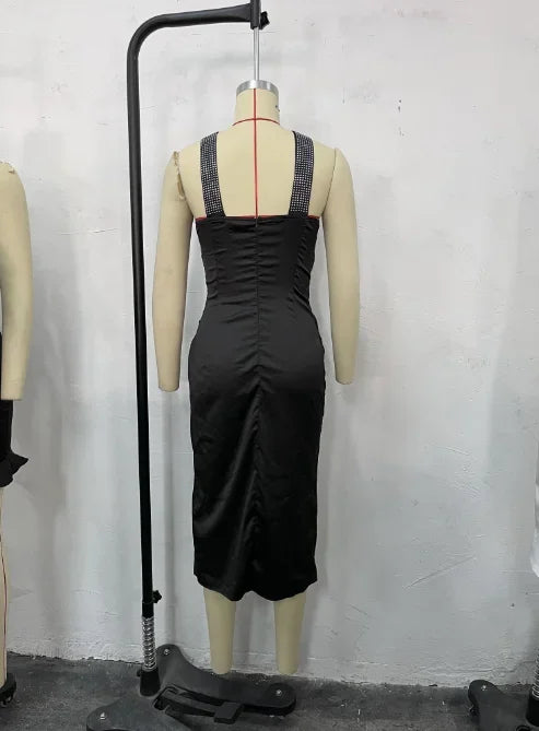 Low-Price Sales are Limited NEW Luxury Sexy Women Night Out Evening Wedding Birthday Party Dresses Rhinestones High Slit Contrast Lace Sleeveless Halter Slim Opera Business Dinner Dress Ladies Luxury Fashion Apparel Supplies