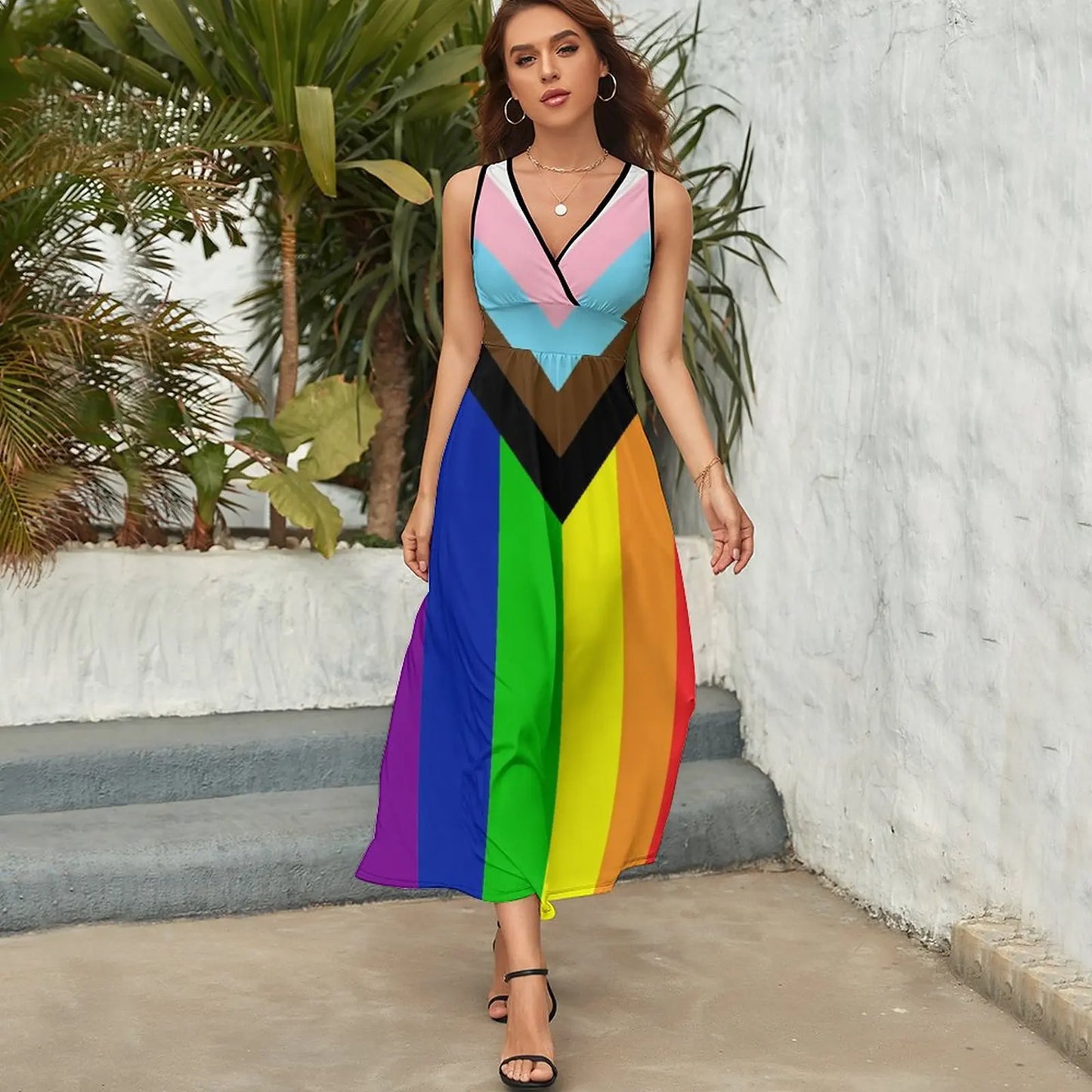 Progress Pride Flag Rainbow Gay Lesbian Transgender Bisexual LGBTQ Dress Modern Maxi Dress Street Style Bohemia Long Dresses Hig