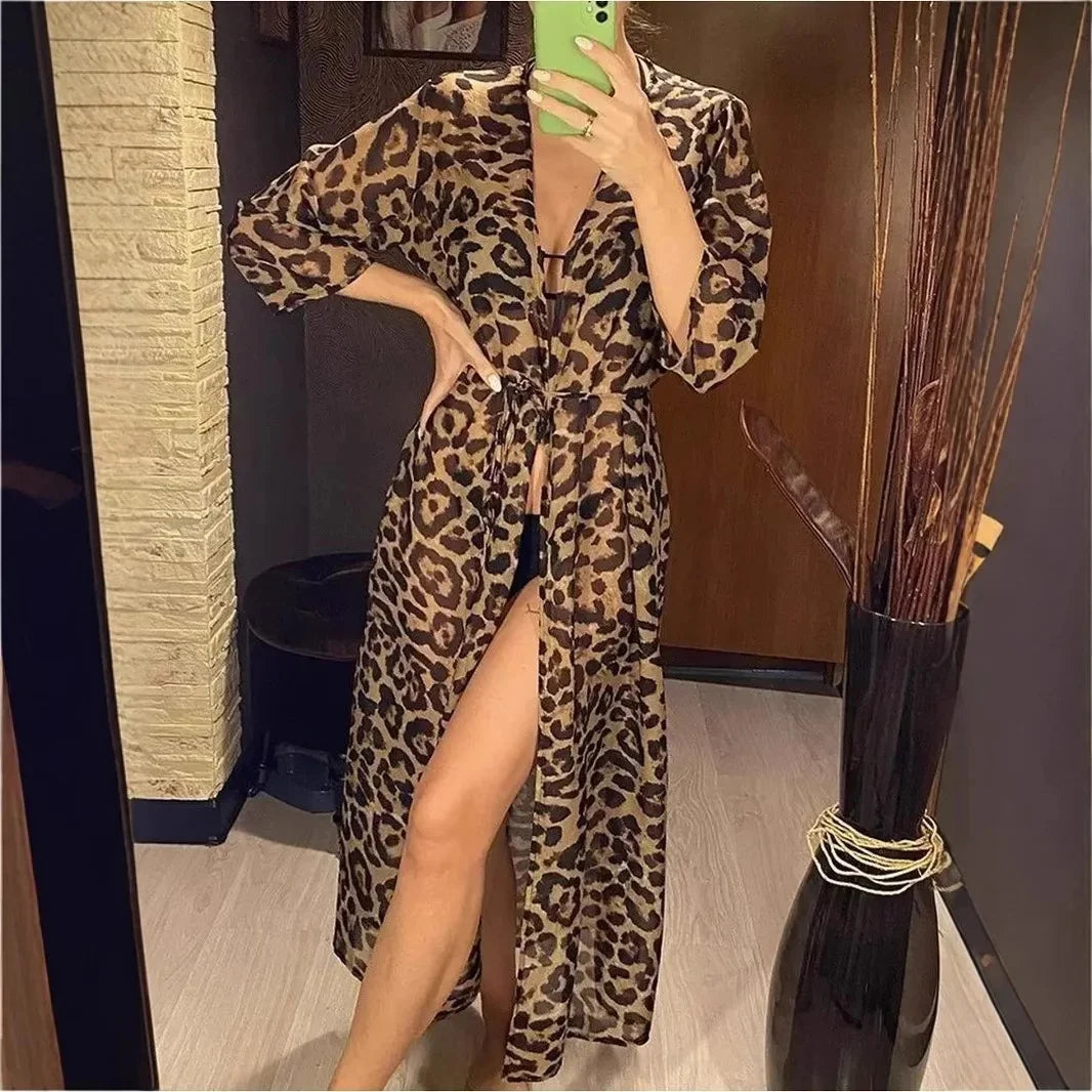 NEW Sexy Chic Long Dress V-Neck Color Block Leopard Belted New Holiday Bikini Cover-Up Beach Skirt Maxi One Piece Women's Gown