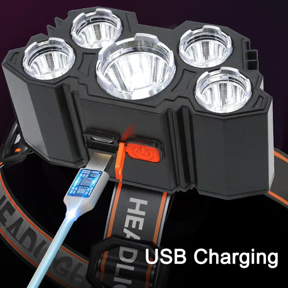 NEW Arrivals 5 LED Flashlight Rechargeable with Built in Battery Strong Light Home Outdoor Camping Adventure Fishing Head Light Headlamp