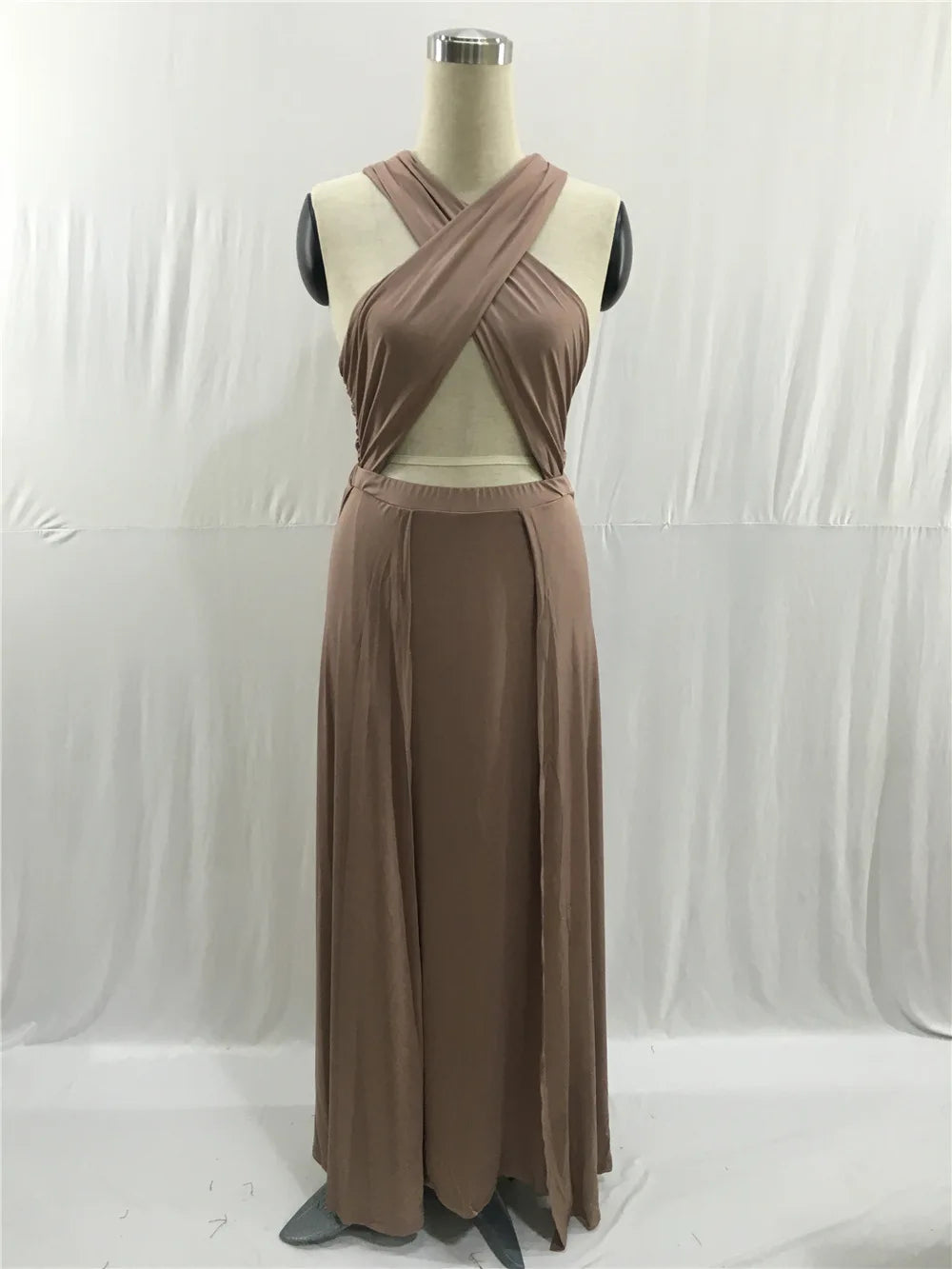 BRAND NEW S-3XL Plus Size Apricot/Black Extremely Sexy Elegant Evening Party Fashion Chubby Women Solid Criss Cross Halter Neck Dress Summer Evening Night Club Party Hollow Out Double High Split Long Dress
