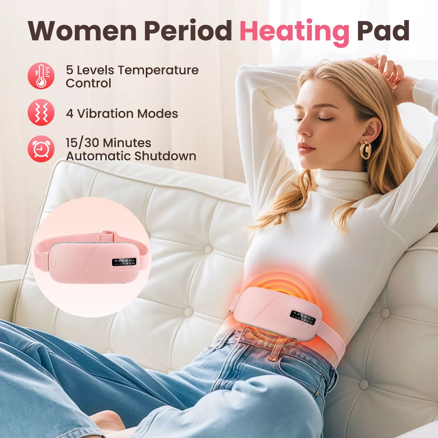 NEW Electric Heating Pad Menstrual Cramp Massager Belt Women Period Care Hot Compress Device Vibration Abdominal Ulter Warmer Belt Women Personal Care Health Care Hygiene Supplies
