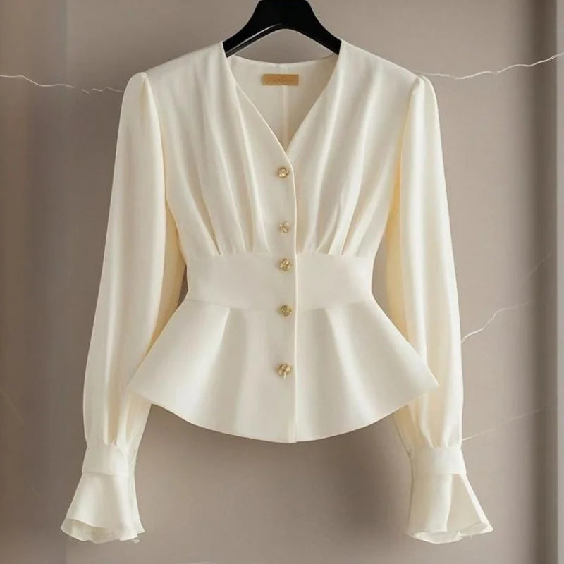 NEW Arrivals S-XL UK Size Luxury French Elegant White Chiffon Blouse Women Pleated Spliced Slim Shirt Design Button Flare Sleeve Top Spring Autumn 050A