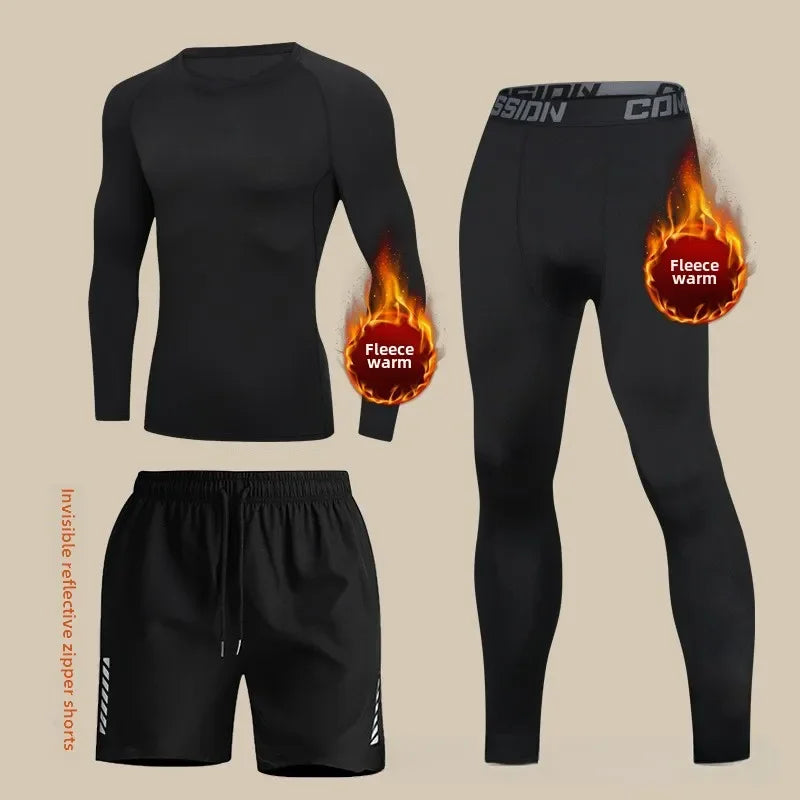 NEW 3PCS Set S-3XL(95Kg+) Men's Thermal Plush Base Layer Set Winter Thickened Cycling Morning Running Training Quick Drying Clothes Fitness Tight Sports Men's Sweats Set