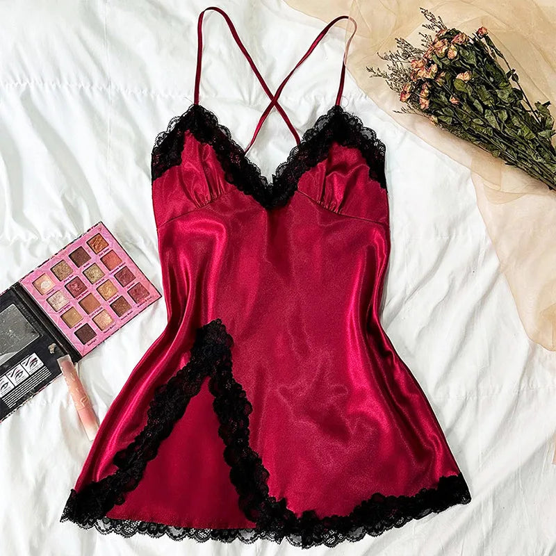 New Arrivals S-xl 4 Colors Ice Silk Frill Trim Sleepwear Women's Soft Satin Camisole Nightdress Summer Slip Dress Comfortable Nightgown Solid Pajamas Ladies Sexy Nightdress
