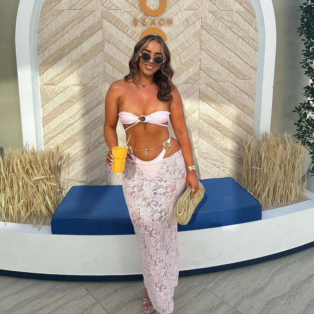 NEW Arrivals 3 PCS Set UK Size Black/White/Pink Bandeau Bikini Suit Sexy Women Swimsuit Swimwear Female Long Dress Brazil Bikini Set Bathing Swimming Suit