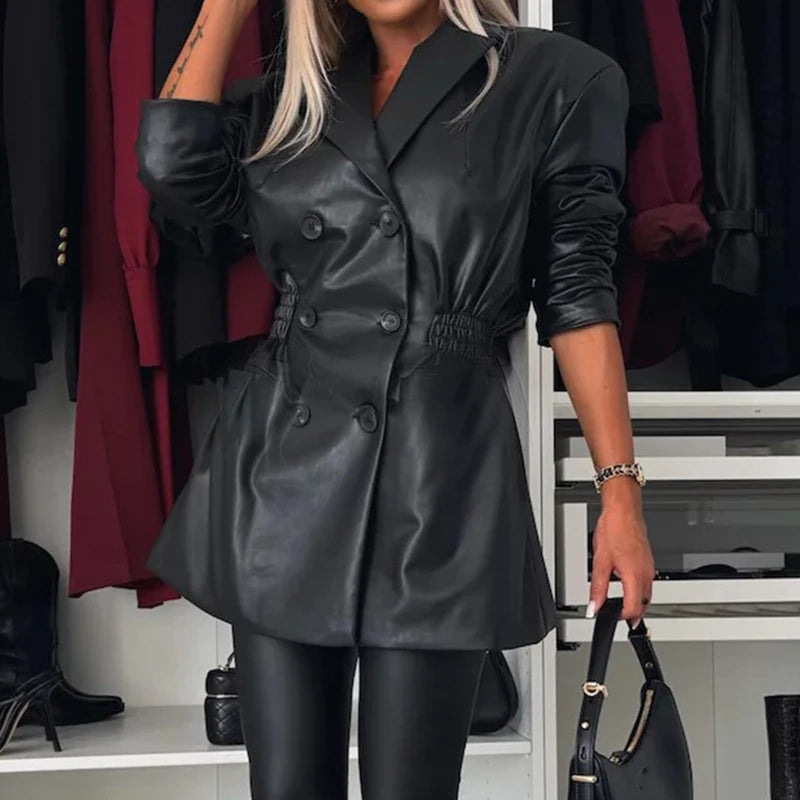 NEW Arrivals Black/Dark Brown/Burgundy Fall Lady Lapel Waist Short Dress Retro Double Breasted Solid Dress Office Lady Temperament Long Sleeved PU Leather Coat Ladies Luxury Fashion Clothing Supplies