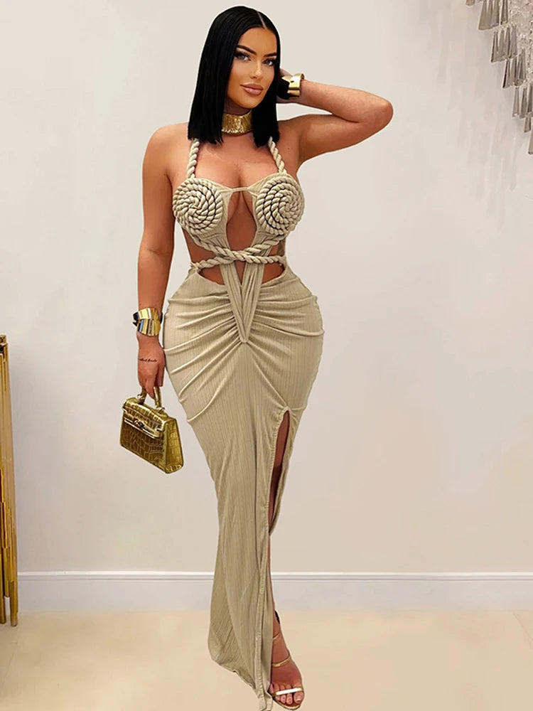 NEW S-2XL UK Plus Size 6 Colors Women's Cut-Out Ruched Maxi Dress Sexy Halter Neck Backless High Slit Bandage Party Dresses Birthday Outfits