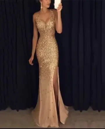 NEW Arrivals S-2XL 4 Colors Spring Autumn Winter New European American Cross-Border Side Slit Gold-Embellished Long Evening Party Luxury Dress Sleeveless Wedding Guest Celebrities Gown