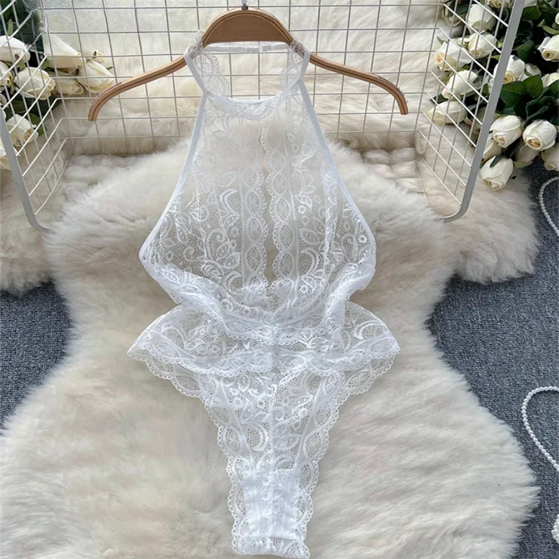 NEW Arrivals White/Black See-Through Ruffle Lace Jumpsuit One-Piece Halter Playsuit Skinny Sexy Costume Open Lingerie Erotic New In Clothes Solid
