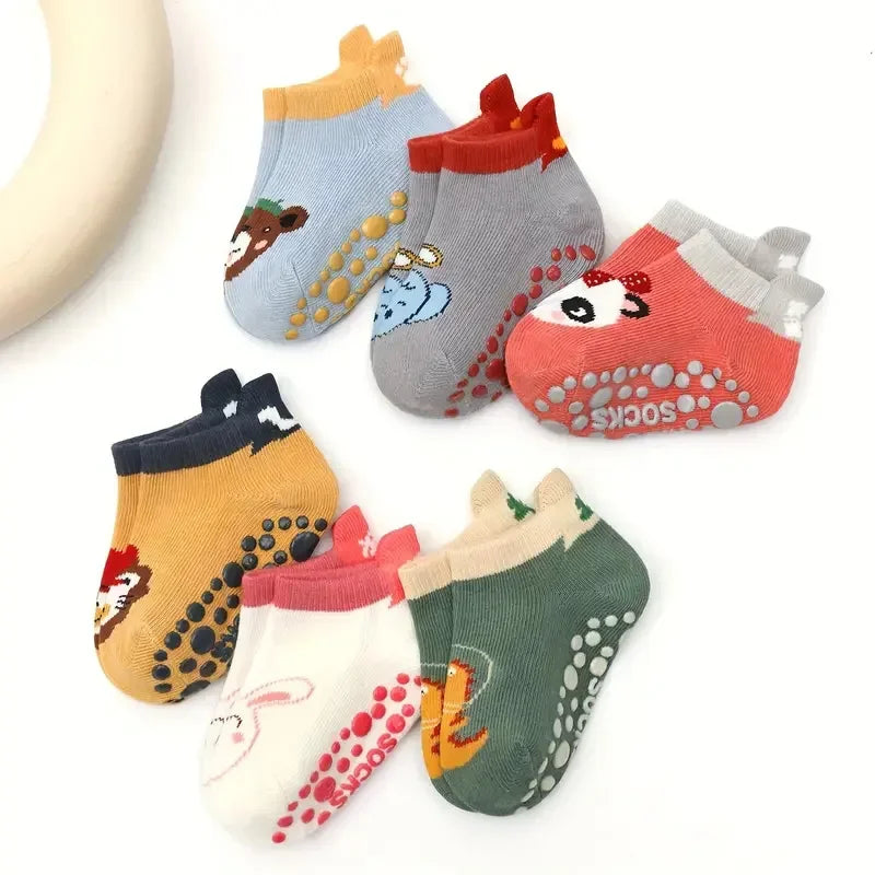 NEW Arrivals 1-3Y 6 Pairs Set Kids Cotton Anti-Slip Socks Cute Cartoon Animal Pattern Comfy Breathable Baby Non-Slip Floor Socks Babies Clothing Accessories