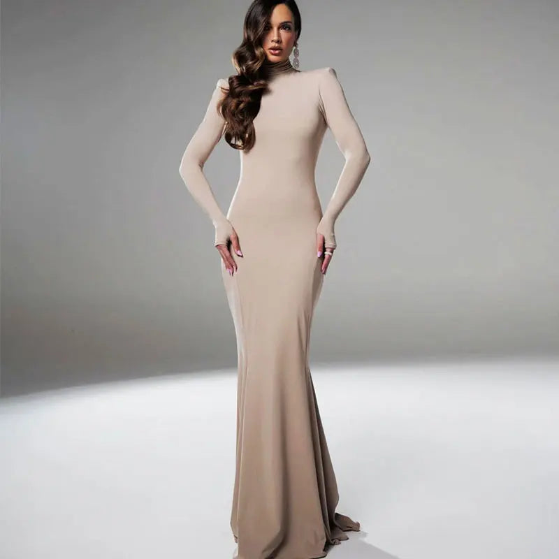 NEW Arrivals Brown/Khaki Color Long Sleeves Women's Evening Dress Elegant Party Spring Autumn Winter Sexy Backless Dress Streetwear Fashion Casual Slim Turtleneck Brown Dress