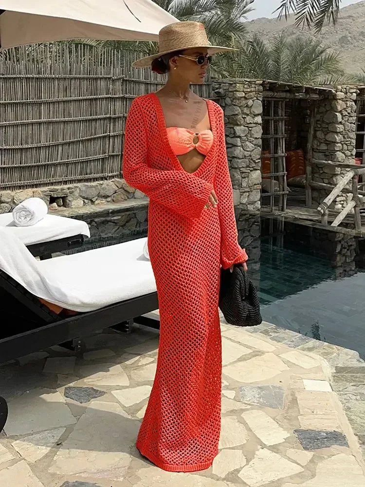 NEW Arrivals UK Size 7 Colors Sexy U-Neck Bell Sleeve Knit Handmade Maxi Dress Summer Women Swimwear Feminine Bikinis Cover-Ups Holiday Crochet Beach Ladies Outfit K21
