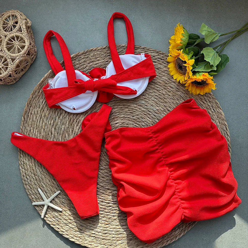 Sexy Floral Lace 3pieces Micro Bikini Women Swimsuit Female Swimwear Bikinis Set Brazilian Beach Wear Bathing Suit Biquini