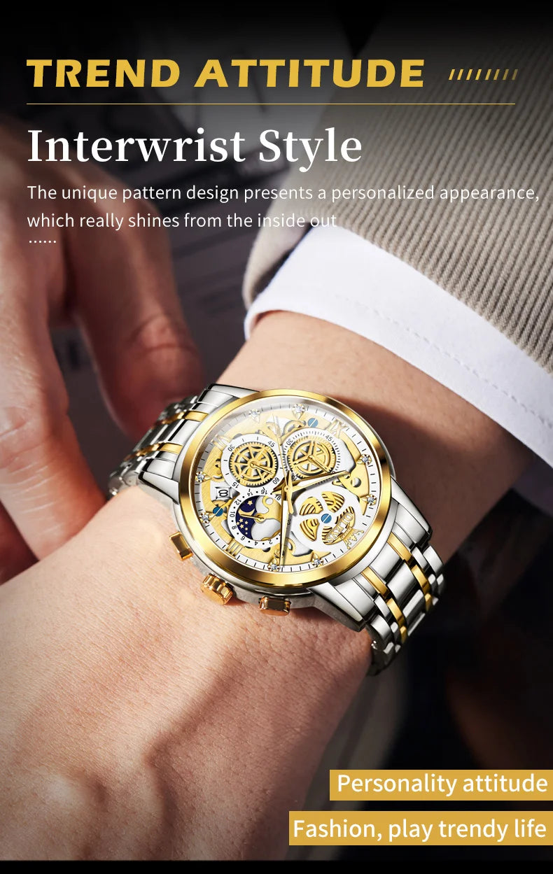 NEW 100% Original OLEVS Luxury Men's Watches Top Brand Luxury Original Waterproof Quartz Watch for Man Gold Skeleton Style 24 Hour Day Night Wristwatch Perfect Gift for Husband Boyfriend