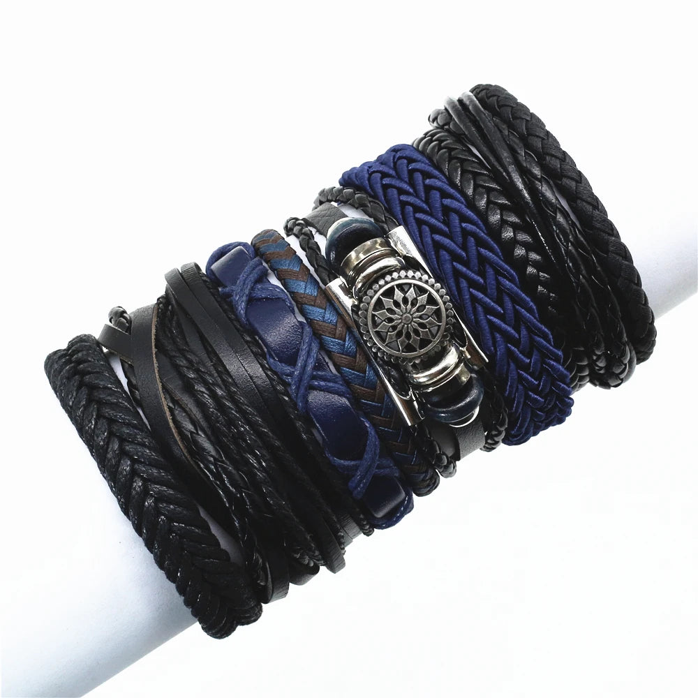 Trendy 10 Pcs/Set Rudder Charm Leather Women Men Bracelets Bangles Wrap Wrist Strap Weave Braided Homme Jewellery