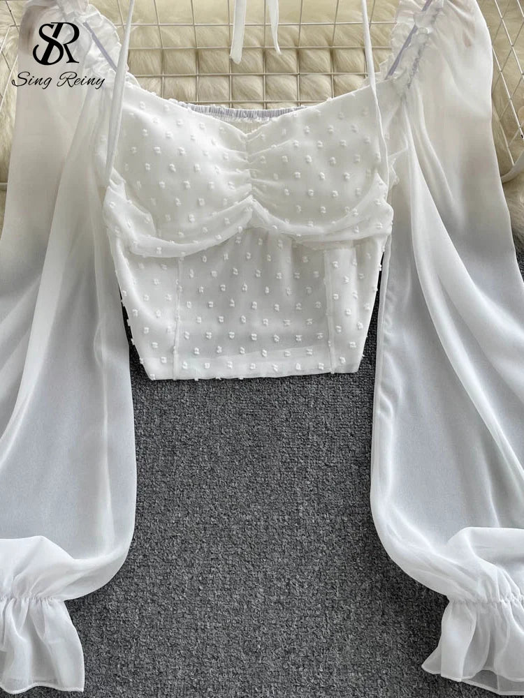 Polka Dot Folds Short Blouse Summer Slash Neck Long Sleeve Women Tie Halter Elastic Waist Fashion French Beach Top SINGREINY