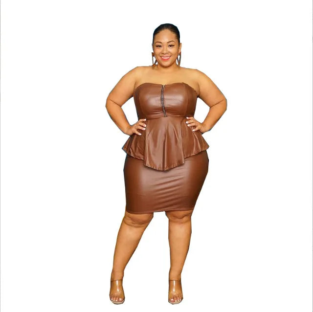 XL-5XL Plus Size Skirt Two Piece Sets Women Clothing Sexy Club PU Tube Top Hip Wrap Sleeveless Bodycon Lady Outfit