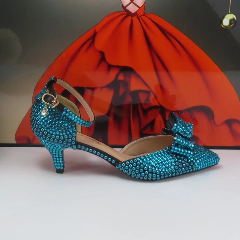 New Arrival Teal Luxury Blue Crystal Women Wedding Shoes Set with Matching Bags Peep Toe High Heels Pumps Open Toe Shoes and Purse Evening Party Night Business Dinner Apparel Accessories Ladies Luxury Fashion Clothing Suppl